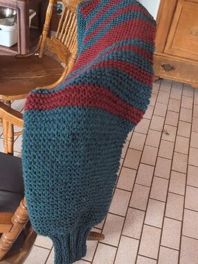 Handmade Chunky Knit Sweater/Scarf -Teal with Burgundy Stripes